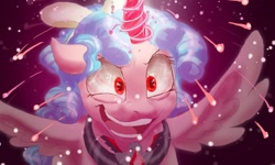 Size: 1280x768 | Tagged: safe, artist:shaslan, cozy glow, alicorn, alicorn amulet, alicornified, cozycorn, crazy glow, evil grin, glowing horn, grin, horn, insanity, race swap, simple background, smiling, solo, sparks, spread wings, wings