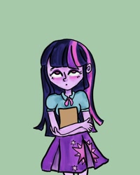 Size: 1080x1350 | Tagged: safe, alternate version, artist:nerdi_judi, derpibooru import, twilight sparkle, equestria girls, blushing, book, clothes, cutie mark, cutie mark on clothes, female, green background, simple background, skirt, solo, steins;gate