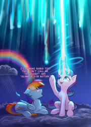 Size: 2856x3962 | Tagged: safe, artist:xbi, derpibooru import, rainbow dash, starlight glimmer, pegasus, pony, unicorn, backwards cutie mark, cloud, duo, feather, high res, looking up, magic, magic overload, night, on a cloud, rain, rainbow, shocked, shocked expression, shooting star, sitting, sitting on cloud, sky, stars, xk-class end-of-the-world scenario