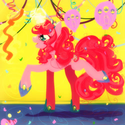 Size: 1000x1000 | Tagged: safe, artist:aruva-chan, derpibooru import, pinkie pie, alicorn, pony, alicornified, balloon, confetti, female, glowing horn, hoof shoes, horn, mare, pinkiecorn, princess pinkie pie, race swap, solo, streamers