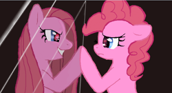 Size: 700x377 | Tagged: safe, artist:aruva-chan, derpibooru import, pinkie pie, earth pony, pony, duality, female, mare, mirror, pinkamena diane pie