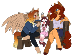 Size: 2666x2061 | Tagged: safe, artist:purplegrim40, derpibooru import, oc, oc only, oc:ember rose, oc:firelight, oc:honeypot meadow, anthro, dracony, dragon, earth pony, hybrid, pegasus, pony, unguligrade anthro, adopted offspring, anthro oc, clothes, commission, digital art, earth pony oc, family, female, filly, food, freckles, gradient hooves, gradient mane, heterochromia, ice cream, jewelry, lesbian, mare, married couple, napkin, pants, park bench, pegasus oc, ring, shorts, simple background, transparent background, wedding ring, wing freckles, wings