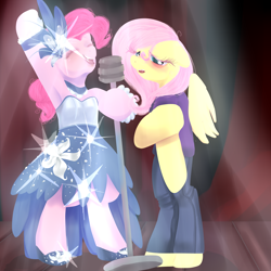 Size: 3000x3000 | Tagged: safe, artist:aruva-chan, derpibooru import, fluttershy, pinkie pie, earth pony, pegasus, pony, semi-anthro, arm hooves, armpits, blushing, clothes, dress, duo, embarrassed, female, jeans, mare, microphone, pants, singing, sparkles