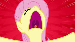 Size: 1280x720 | Tagged: safe, derpibooru import, screencap, fluttershy, pegasus, pony, dragon quest, eyes closed, female, frustrated, hooves out, looking up, mare, no, open mouth, red background, simple background, solo, volumetric mouth
