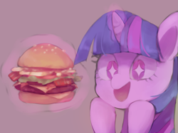 Size: 1263x947 | Tagged: safe, artist:lexiedraw, derpibooru import, twilight sparkle, pony, burger, eyes on the prize, female, food, hamburger, hoof on chin, magic, mare, simple background, solo, starry eyes, telekinesis, that pony sure does love burgers, twilight burgkle, wingding eyes