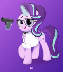 Size: 2907x3327 | Tagged: safe, artist:potato22, derpibooru import, starlight glimmer, pony, unicorn, clothes, collar, female, glasses, glock, glowing horn, gun, handgun, horn, levitation, magic, pistol, smiling, smirk, solo, telekinesis, weapon