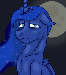 Size: 1400x1600 | Tagged: safe, artist:theedgyduck, derpibooru import, princess luna, alicorn, pony, crying, floppy ears, frown, moon, sad, tears of sadness, teary eyes