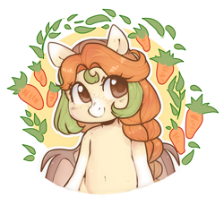 Size: 2252x2066 | Tagged: safe, artist:angelbeat-drift, derpibooru import, oc, oc only, oc:autumn harvest, bat, bat pony, semi-anthro, braid, carrot, cute, female, food, freckles, looking at you, mare, ocbetes, simple background, smiling, white background, wings