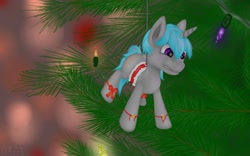 Size: 800x500 | Tagged: safe, artist:stray prey, derpibooru import, oc, oc only, pony, unicorn, bow, christmas, christmas tree, digital art, harness, holiday, horn, male, solo, stallion, suspended, tack, tail, tree