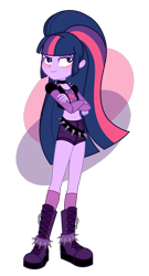 Size: 1109x2049 | Tagged: safe, artist:tsetsera, derpibooru import, twilight sparkle, equestria girls, alternate universe, crossed arms, female, ponytail, punk, simple background, smug, solo, spiked belt, transparent background