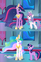 Size: 1316x1971 | Tagged: safe, artist:maddypxii, derpibooru import, princess celestia, princess flurry heart, twilight, twilight sparkle, twilight sparkle (alicorn), alicorn, pony, future, past, princess, ultimate twilight