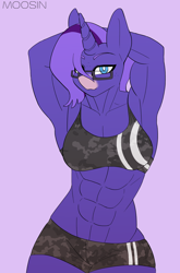 Size: 1780x2705 | Tagged: safe, artist:mopyr, derpibooru import, oc, oc only, oc:empathy, anthro, abs, armpits, clothes, female, fit, glasses, midriff, muscles, muscular female, solo, sports bra