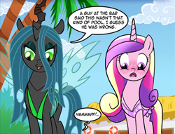 Size: 1972x1505 | Tagged: safe, artist:madmax, derpibooru import, princess cadance, queen chrysalis, alicorn, changeling, changeling queen, pony, bikini, blushing, clothes, comic, cropped, duo, female, frilled swimsuit, green swimsuit, one-piece swimsuit, pink swimsuit, polka dot swimsuit, swimming pool, swimsuit