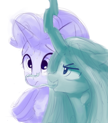 Size: 1629x1844 | Tagged: safe, artist:some_ponu, derpibooru import, queen chrysalis, starlight glimmer, changeling, changeling queen, pony, unicorn, female, licking, monochrome, simple background, sketch, sweat, tongue out, white background