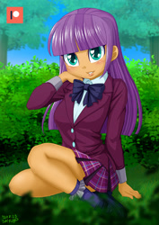 Size: 707x1000 | Tagged: safe, artist:uotapo, derpibooru import, ginger owlseye, equestria girls, blushing, clothes, crystal prep academy uniform, cute, female, legs, looking at you, owlabetes, patreon, patreon logo, plaid skirt, pleated skirt, school uniform, skirt, solo