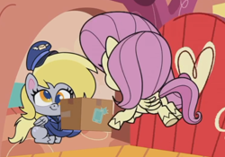 Size: 630x442 | Tagged: safe, derpibooru import, screencap, derpy hooves, fluttershy, pegasus, pony, my little pony: pony life, unboxing day, spoiler:pony life s01e30, box, duo, female, hat, mailmare, mare, sitting, smiling