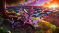 Size: 3200x1800 | Tagged: safe, artist:pony straponi, derpibooru import, oc, oc only, oc:nebula eclipse, bat pony, unicorn, boat, colt, commission, lake, male, pier, roots, scenery, summer, sunset, tree, water