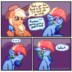 Size: 4000x4000 | Tagged: safe, artist:witchtaunter, derpibooru import, applejack, rainbow dash, earth pony, pegasus, pony, ..., blushing, chest fluff, comic, confused, derp, detachable wings, dialogue, double take, drunk, ear fluff, faic, female, floppy ears, fluffy, hiccup, hoof hold, leg fluff, lidded eyes, looking back, mare, modular, realization, shoulder fluff, sitting, smiling, speech bubble, wait what, wat, wide eyes, wingless