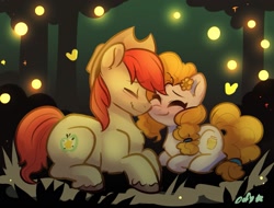 Size: 1583x1200 | Tagged: safe, artist:colorfulcolor233, derpibooru import, bright mac, pear butter, earth pony, firefly (insect), insect, pony, brightbutter, chest fluff, cute, eyes closed, female, heart, lying down, male, mare, ponyloaf, prone, shipping, smiling, stallion, straight