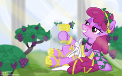 Size: 4800x3000 | Tagged: safe, artist:mycaro, artist:pirill, derpibooru import, berry punch, berryshine, earth pony, pony, chest fluff, clothes, cloud, crepuscular rays, cup, curtains, drunk, eyeshadow, female, food, garden, goblet, grapes, greek, hoof hold, hoof shoes, jewelry, looking at something, makeup, mythology, necklace, pillar, shading, shadow, show accurate, sitting, smiling, solo, sunlight, tiara, toga, trace