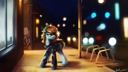 Size: 2560x1440 | Tagged: safe, artist:anticular, derpibooru import, oc, oc only, oc:neko, earth pony, pony, car, city, clothes, female, gift art, hat, headlights, jacket, leather jacket, mare, night, sidewalk, solo, window