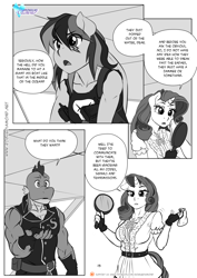 Size: 1200x1697 | Tagged: safe, artist:pia-sama, derpibooru import, rainbow dash, rarity, spike, anthro, dragon, pegasus, unicorn, comic:rogue diamond, adult, adult spike, breasts, clothes, comic, dialogue, female, lidded eyes, male, mare, mirror, monochrome, older, older spike, patreon, patreon logo, rainboob dash, raritits