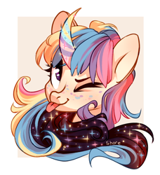 Size: 2894x3169 | Tagged: safe, artist:shore2020, derpibooru import, oc, oc only, pony, unicorn, :p, bust, curved horn, horn, one eye closed, solo, tongue out, unicorn oc, wink