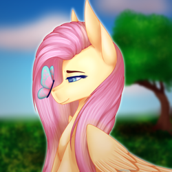Size: 3000x3000 | Tagged: safe, artist:ermy-poo, artist:griafian, derpibooru import, fluttershy, butterfly, pegasus, pony, bust, butterfly on nose, female, folded wings, high res, insect on nose, lidded eyes, looking at something, mare, outdoors, portrait, profile, smiling, solo, tree, wings