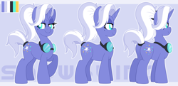 Size: 3832x1853 | Tagged: safe, artist:pearlyiridescence, derpibooru import, oc, oc only, oc:snowblind, pony, unicorn, bags under eyes, beauty mark, female, goggles, mare, messy mane, ponytail, reference sheet, smiling, solo, tired, turnaround