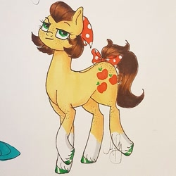 Size: 909x909 | Tagged: safe, artist:galaxy.in.mind, derpibooru import, applejack, earth pony, pony, alternate hairstyle, bow, butt freckles, female, freckles, headscarf, hoof polish, mare, raised hoof, redesign, scarf, signature, solo, tail bow, traditional art, unshorn fetlocks