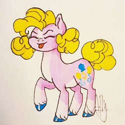 Size: 770x769 | Tagged: safe, artist:galaxy.in.mind, derpibooru import, pinkie pie, earth pony, pony, eyes closed, female, hoof polish, mare, raised hoof, redesign, signature, tongue out, traditional art