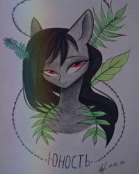 Size: 1080x1350 | Tagged: safe, artist:jonny_flex69, derpibooru import, oc, oc only, earth pony, pony, bust, earth pony oc, leaves, red eyes, signature, solo, traditional art