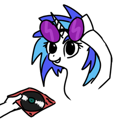 Size: 570x600 | Tagged: safe, artist:anonymous, derpibooru import, dj pon-3, vinyl scratch, pony, unicorn, /mlp/, disembodied hand, hand, record, simple background, vinyl's glasses, white background