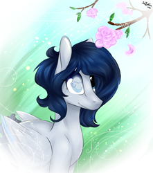 Size: 1362x1543 | Tagged: safe, artist:intfighter, derpibooru import, oc, oc only, pegasus, pony, flower, grass, outdoors, pegasus oc, solo, tree, wings