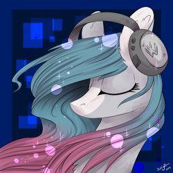 Size: 2000x2000 | Tagged: safe, artist:intfighter, derpibooru import, oc, oc only, earth pony, pony, abstract background, bust, earth pony oc, eyes closed, headphones, signature, solo