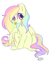 Size: 2538x3012 | Tagged: safe, artist:lazuli, derpibooru import, oc, oc only, pegasus, pony, :p, chest fluff, commission, eyelashes, female, mare, multicolored hair, pegasus oc, rainbow hair, raised hoof, simple background, sitting, solo, tongue out, transparent background, wings, ych result