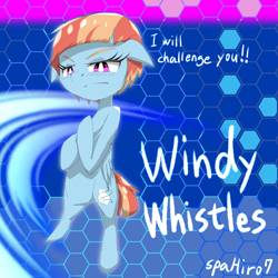 Size: 2000x2000 | Tagged: safe, artist:spahiro7, derpibooru import, windy whistles, pegasus, abstract background, bipedal, challenge, female, mare, serious, serious face, signature, solo, younger