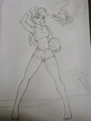 Size: 2976x3968 | Tagged: safe, artist:kenuma, derpibooru import, rainbow dash, tank, equestria girls, beach, beach ball, belly button, clothes, hat, palm tree, shorts, sketch, traditional art, tree