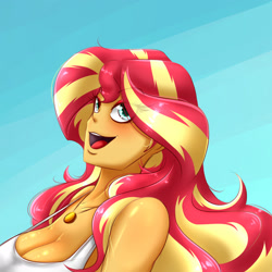 Size: 1600x1600 | Tagged: safe, artist:albertbm, derpibooru import, sunset shimmer, equestria girls, breasts, cleavage, faic, female, open mouth, solo, sunset jiggler