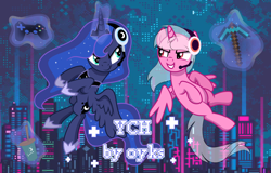 Size: 2000x1278 | Tagged: safe, artist:oyks, derpibooru import, princess luna, oc, alicorn, pony, canon x oc, commission, controller, game, gamer luna, joystick, vector, your character here