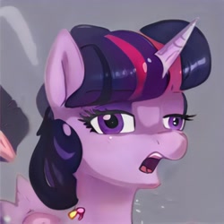 Size: 1024x1024 | Tagged: safe, artist:thisponydoesnotexist, derpibooru import, unicorn, derp, faic, horn, meme face, neural network, not twilight sparkle, purple eyes, purple hair