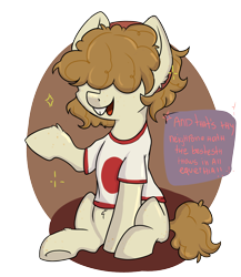 Size: 2224x2560 | Tagged: safe, artist:dumbwoofer, oc, oc only, oc:goldie mops, buck teeth, bucktooth, clothes, female, long mane, mare, neet, shirt, simple background, sitting, solo, text, transparent background, underhoof, weeb