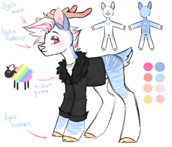 Size: 563x481 | Tagged: safe, artist:hellishprogrammer, derpibooru import, oc, oc only, oc:pastel frost, deer, sheep, antlers, blushing, clothes, coat, coat markings, eyeshadow, makeup, male, reference sheet, shirt, simple background, solo, t-shirt, unshorn fetlocks, white background