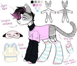 Size: 563x481 | Tagged: safe, artist:hellishprogrammer, derpibooru import, oc, oc only, oc:soft meows, cat, cat pony, original species, pony, backpack, blindfold, cat paws, clothes, coat markings, eyeshadow, femboy, hello kitty, makeup, male, reference sheet, shirt, simple background, socks, solo, stallion, stockings, striped socks, thigh highs, trans boy, transgender, unshorn fetlocks, white background