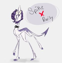 Size: 1980x2012 | Tagged: safe, artist:iheyyasyfox, derpibooru import, oc, oc only, dracony, hybrid, choker, gray background, horns, interspecies offspring, offspring, parent:rarity, parent:spike, parents:sparity, simple background, solo, spaded tail, spiked choker