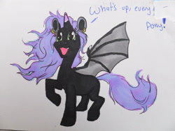 Size: 2828x2121 | Tagged: safe, artist:foxdragonlover, derpibooru import, oc, oc:myrra, alicorn, bat pony, bat pony alicorn, bat pony oc, bat wings, horn, open mouth, solo, traditional art, wings