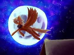 Size: 2828x2121 | Tagged: safe, artist:xskytheartist, derpibooru import, oc, oc:leona sky, pegasus, flying, moon, night, pegasus oc, solo, wings