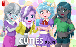 Size: 1400x854 | Tagged: safe, artist:uotapo, derpibooru import, edit, cozy glow, diamond tiara, queen chrysalis, silver spoon, changeling, changeling queen, equestria girls, /mlpol/, /pol/, background pony strikes again, belly button, belt, blushing, braided ponytail, caption, cellphone, clothes, compression shorts, cozybetes, cute, cute little fangs, cutealis, cuties, denim shorts, diamondbetes, dress, equestria girls-ified, fangs, female, glasses, iphone, jewelry, laughing, legs, looking at you, midriff, necklace, netflix, oh god damn it no, oh god no, open mouth, phone, short shirt, shorts, silverbetes, skirt, thighs, young, younger