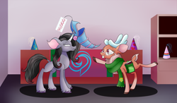 Size: 3073x1797 | Tagged: safe, artist:huffy26, derpibooru import, cashmere (tfh), oleander, classical unicorn, deer, unicorn, them's fightin' herds, clothes, cloven hooves, community related, duo, glasses, high res, leonine tail, scarf, store, unamused, unshorn fetlocks