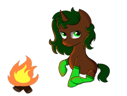 Size: 4600x3450 | Tagged: safe, artist:dumbwoofer, oc, oc only, oc:pine shine, pony, unicorn, campfire, clothes, female, mare, simple background, socks, solo, transparent background